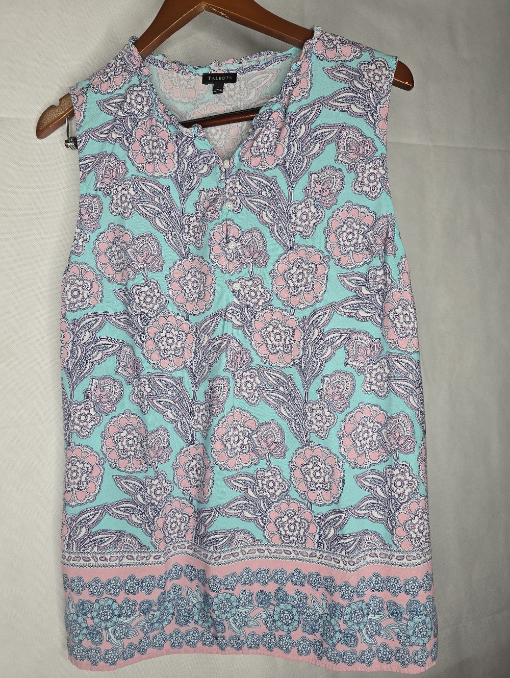 Talbots Sleeveless Floral Top Pastel Blue Pink Button Front Lightweight Rayon L